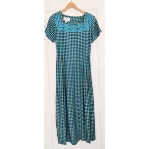 Vintage Sarah Elizabeth Maxi Dress Size 14 Teal Plaid Floral Embroidered Modest